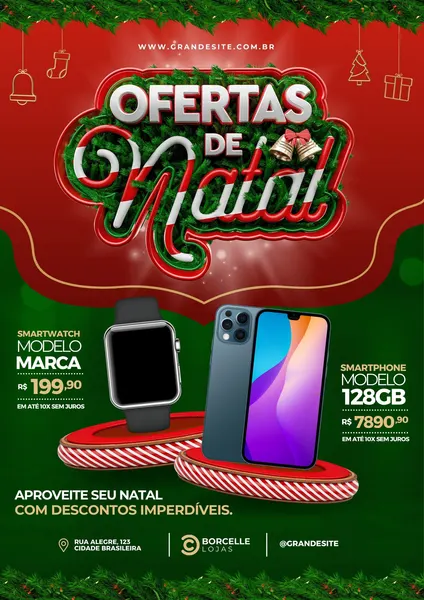 Cartaz de ofertas de Natal com tema de eletrônicos. Destaca um smartwatch e um smartphone em promoção, com fundo verde e vermelho e decorações natalinas como pinhas e sinos. Título 'Ofertas de Natal' em destaque.