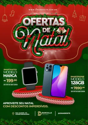 Cartaz de ofertas de Natal com tema de eletrônicos. Destaca um smartwatch e um smartphone em promoção, com fundo verde e vermelho e decorações natalinas como pinhas e sinos. Título 'Ofertas de Natal' em destaque.