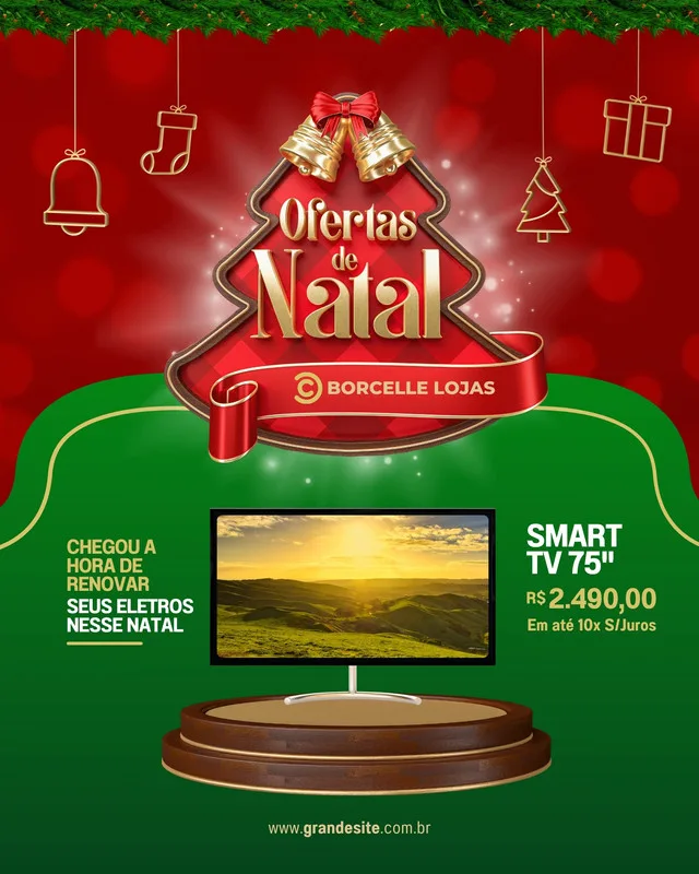 Post para Instagram de loja de eletrodomésticos com tema de Natal. Fundo vermelho com detalhes de luzes, árvore de Natal com a frase 'Ofertas de Natal' e sinos dourados. Na parte inferior, um pedestal com uma TV Smart 75" em promoção, com preço e parcelamento.