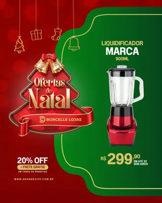 Post de Instagram com tema de Natal para loja de eletrodomésticos. Fundo vermelho e verde com detalhes festivos como árvores e presentes. Destaca um liquidificador em promoção, com 20% OFF, frete grátis e preço de R$ 299,90.