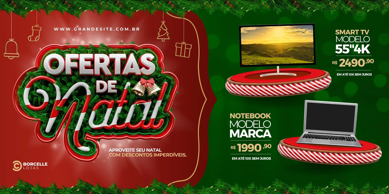 Banner horizontal com tema de Natal para loja de eletrônicos. Fundo verde e vermelho com guirlandas, meias e presentes. Destaque para "Ofertas de Natal" e imagens de uma Smart TV e um notebook com preços promocionais.