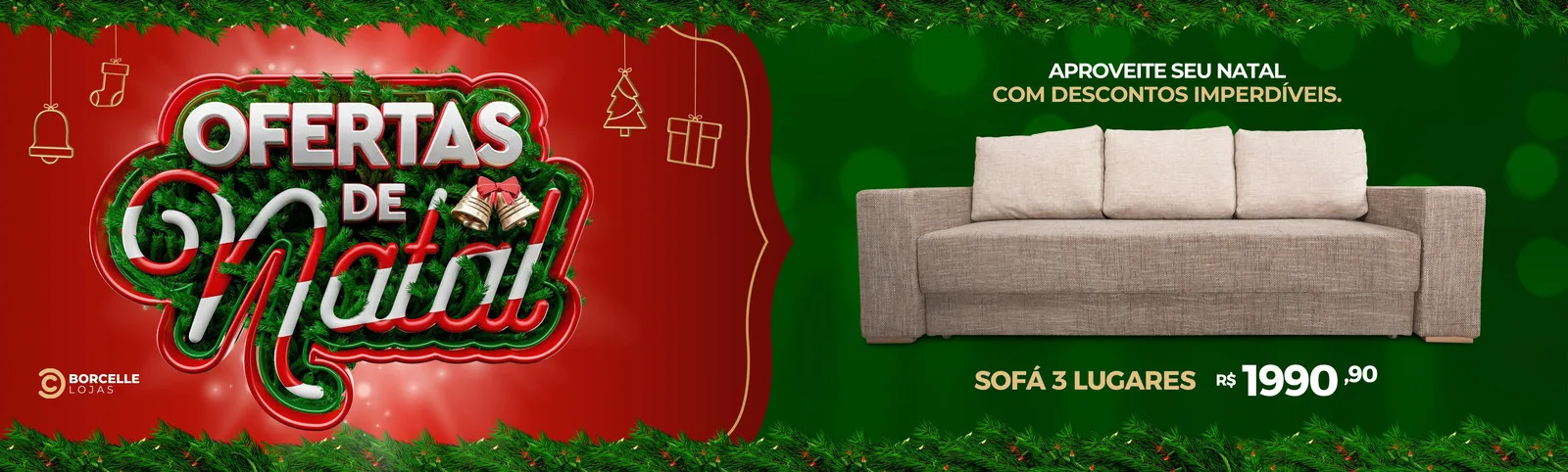 Banner horizontal de Natal para loja de estofados, com fundo verde e vermelho festivo. Destaca a oferta 'Ofertas de Natal' em letras chamativas e uma imagem de sofá de 3 lugares com preço promocional.