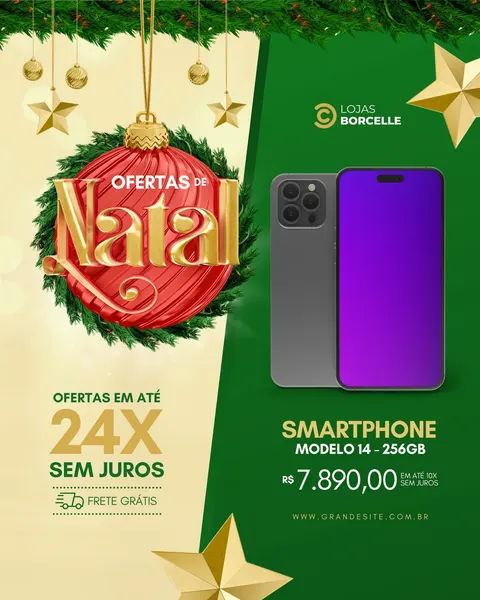 Template de post para Instagram com tema de Natal, apresentando um smartphone moderno em destaque. O design inclui elementos natalinos como guirlandas e bolas vermelhas, com texto promocional sobre 'Ofertas de Natal', '24x Sem Juros' e 'Frete Grátis'.