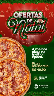 Template de Story para Instagram com tema de Natal, destacando ofertas de pizza. Fundo vermelho e verde com guirlandas e enfeites natalinos. Duas pizzas apetitosas em primeiro plano, com texto promocional e logo de pizzaria.