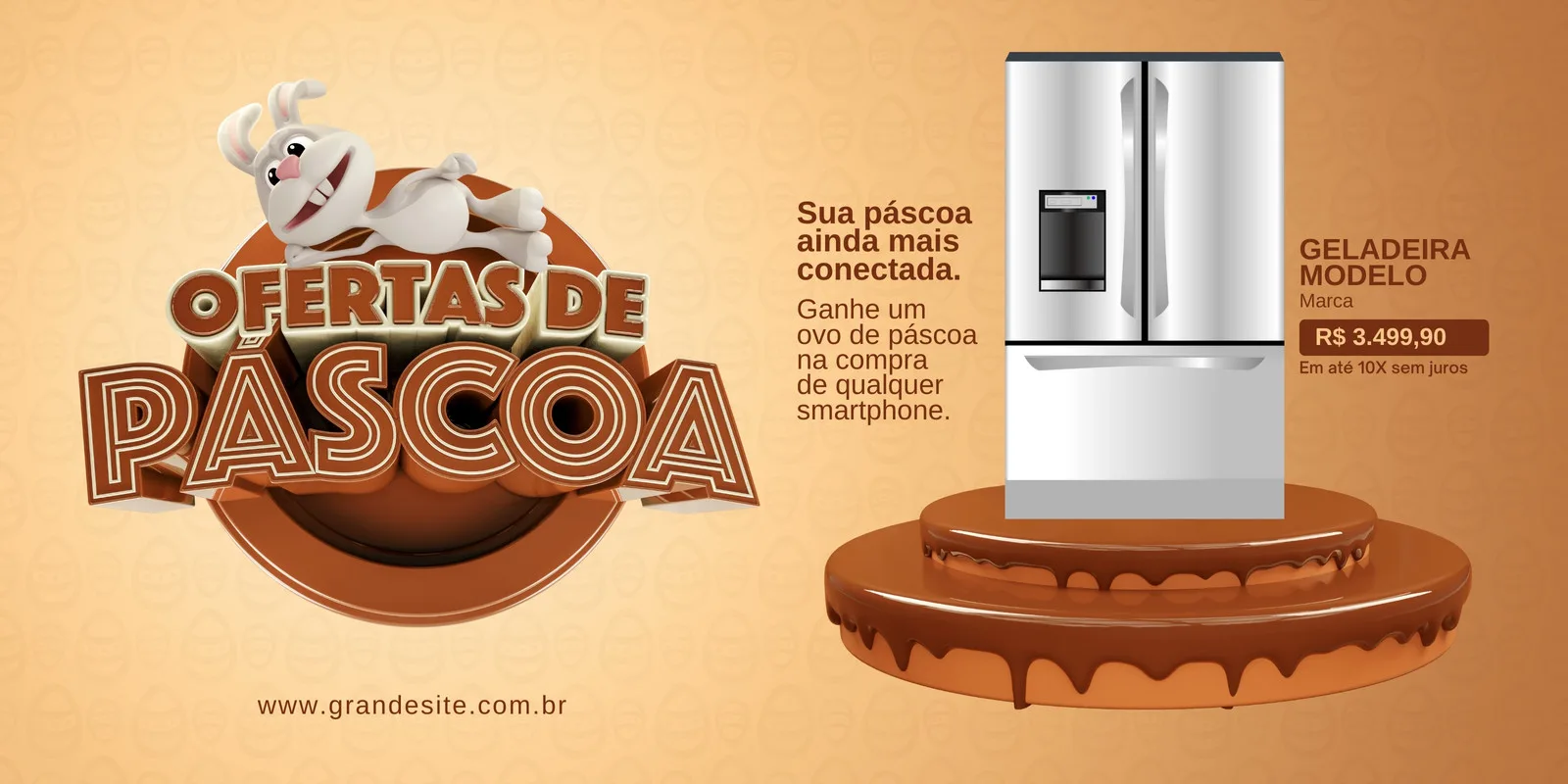 Banner horizontal com tema de Páscoa em tons de marrom e bege. Um coelho animado está sobre o texto 'Ofertas de Páscoa'. Ao lado, uma geladeira moderna em promoção, com a oferta de um ovo de chocolate na compra de um smartphone.