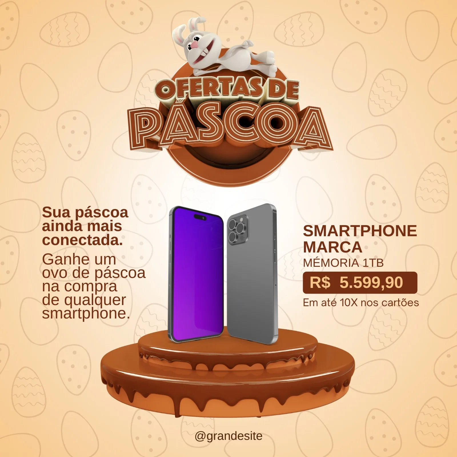 Post de Instagram com tema de Páscoa para ofertas de smartphones. Um coelho estilizado está sobre o título 'Ofertas de Páscoa'. Dois smartphones modernos estão em destaque, com um fundo de ovos de Páscoa e elementos de chocolate.