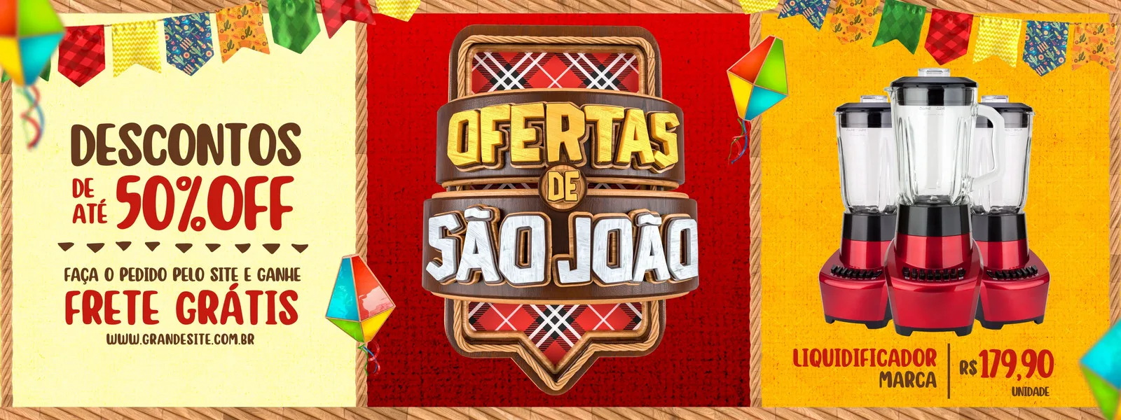 Banner horizontal com tema de Festa Junina para divulgação de ofertas de eletrodomésticos. Destaca 'Descontos de até 50% OFF' e 'Frete Grátis', com imagens de liquidificadores e o título 'Ofertas de São João'.