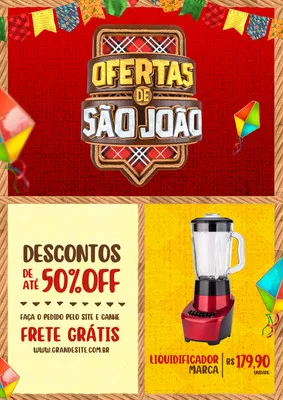 Cartaz de ofertas de São João para eletrodomésticos, com tema de Festa Junina. Destaque para descontos de até 50% OFF e frete grátis, além de imagem de um liquidificador em promoção.