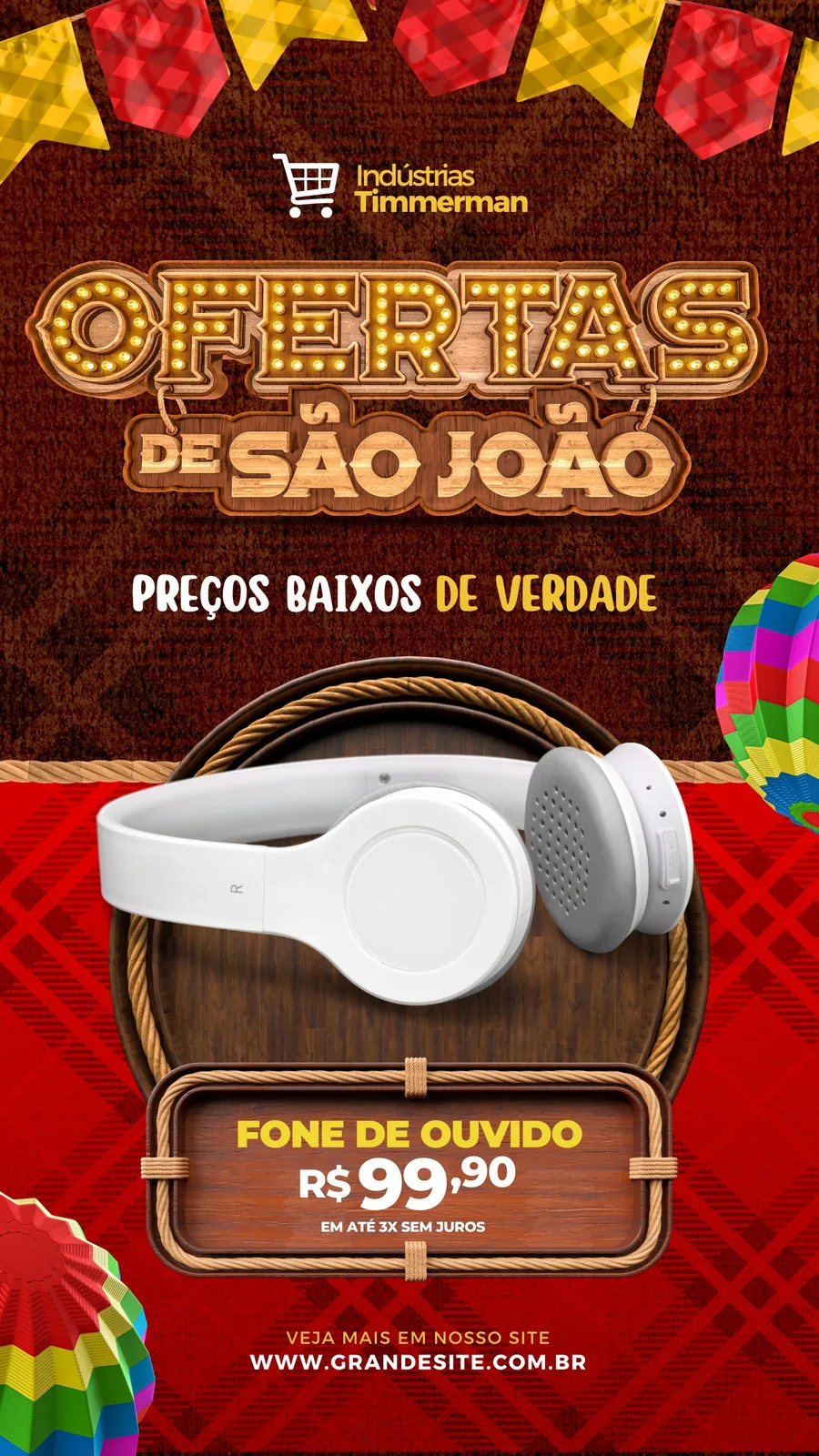 Story do Instagram com tema de Festa Junina, anunciando 'Ofertas de São João' para uma loja de eletrônicos. Destaca um fone de ouvido branco com preço promocional e bandeirinhas coloridas ao fundo.