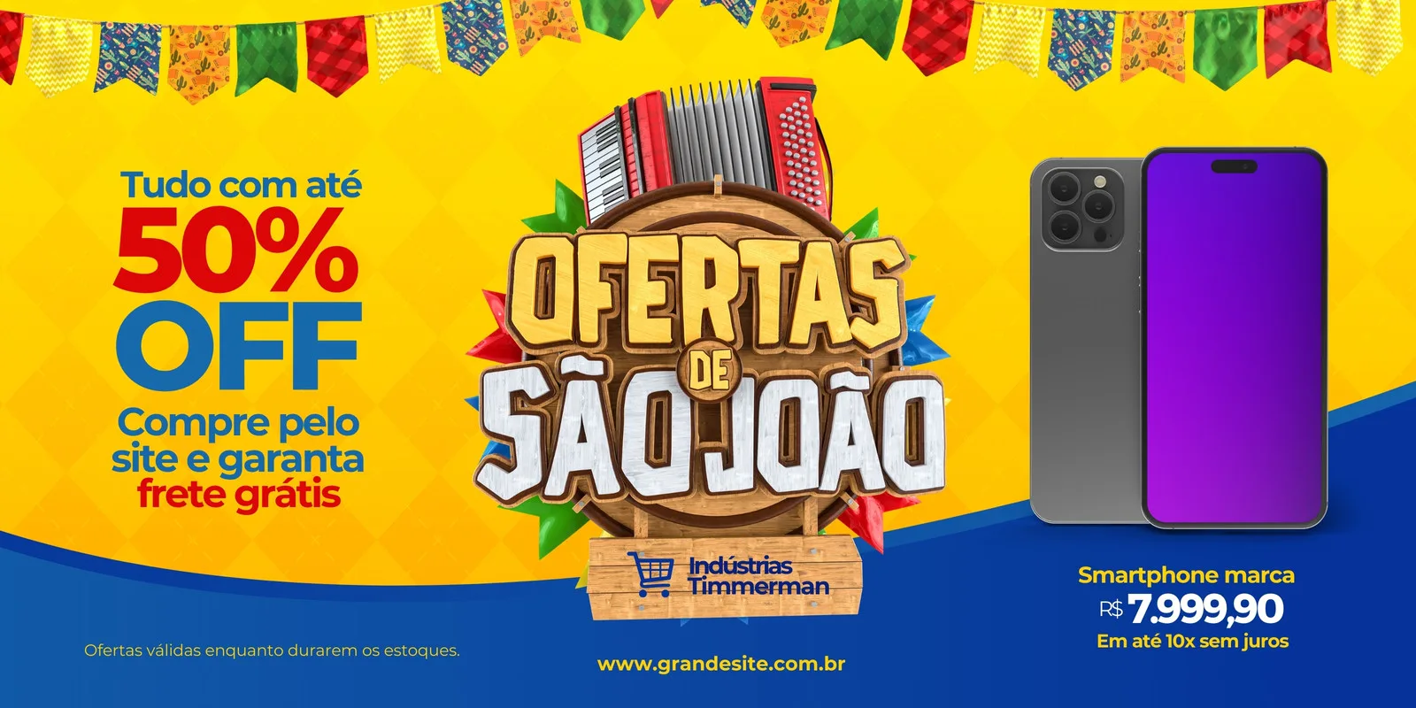 Banner horizontal com tema de Festa Junina, destacando 'Ofertas de São João' com até 50% OFF em smartphones. Fundo amarelo com bandeirinhas, acordeão e imagens de celulares modernos. Promoção com frete grátis e preço especial.