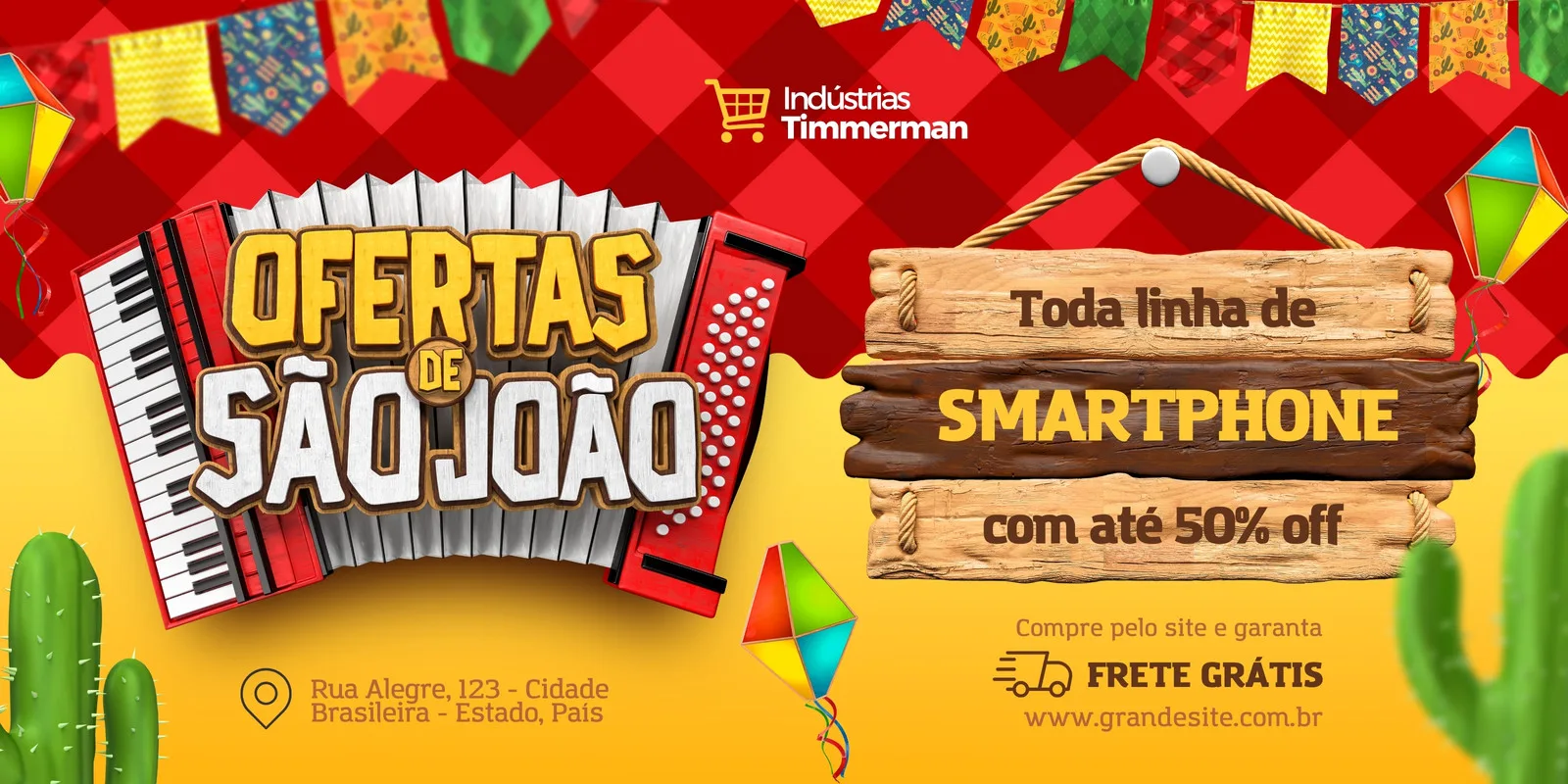 Banner horizontal com tema de Festa Junina para loja de smartphones. Destaca 'Ofertas de São João' em um acordeão e 'Toda linha de SMARTPHONE com até 50% OFF' em uma placa de madeira rústica. Elementos juninos como bandeirinhas, pipas e cactos compõem o visual vibrante.