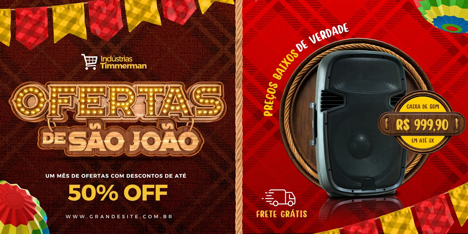 Banner horizontal de ofertas de São João para comércio eletrônico. Apresenta a mensagem 'Ofertas de São João' com design de luzes, 50% OFF e detalhes juninos como bandeirinhas. Ao lado, uma caixa de som com preço em destaque e ícone de frete grátis.