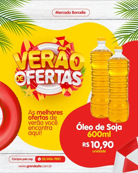 Post de Instagram/Facebook vibrante com tema 'Verão de Ofertas', predominando cores amarelo, vermelho e branco. Apresenta duas garrafas de óleo de soja em destaque com preço, elementos de praia como folhas de palmeira, boia e bola. O design moderno e alegre é ideal para supermercados divulgarem promoções sazonais de verão.