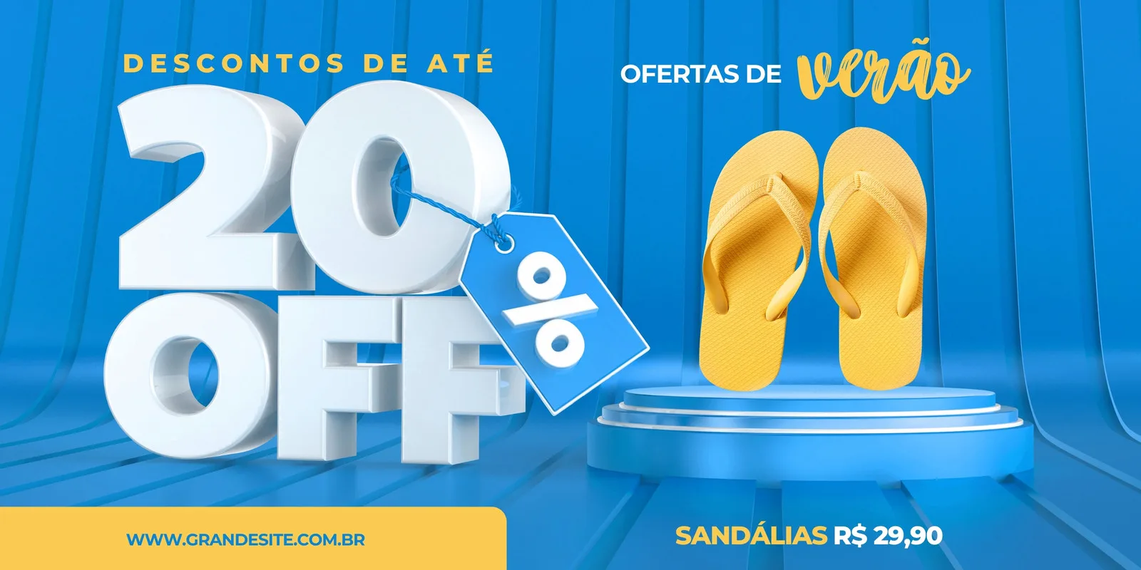 Banner horizontal azul com a frase 'Descontos de até 20% OFF' em destaque. Ao lado, um par de sandálias amarelas em um pedestal. Abaixo, o preço e o site da loja. Tema de verão.