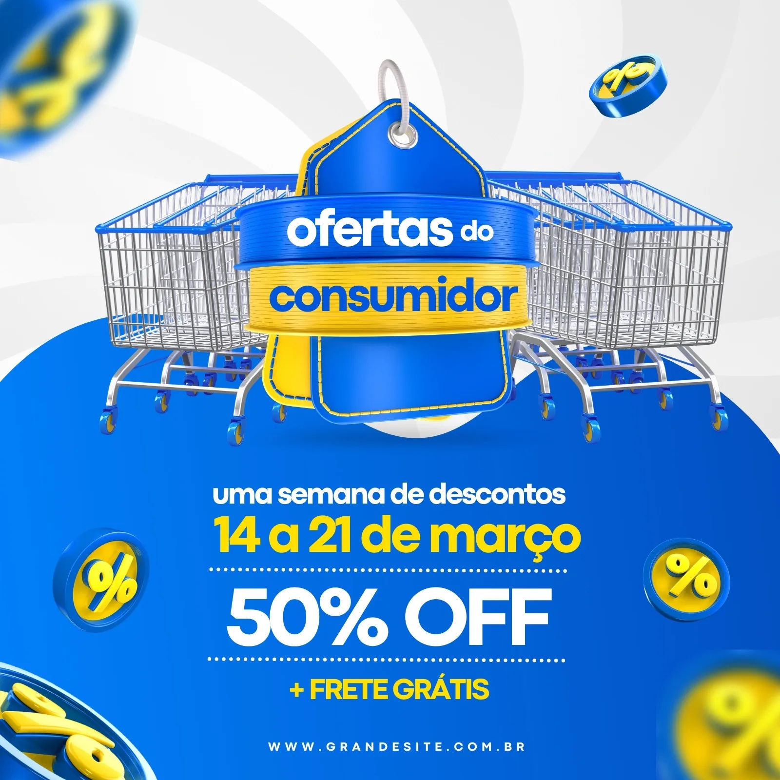 Template de post para Instagram e Facebook com o tema 'Ofertas do Consumidor'. Apresenta carrinhos de compras, etiquetas de preço azuis e amarelas, e destaque para 50% OFF e frete grátis. Cores predominantes azul e amarelo.