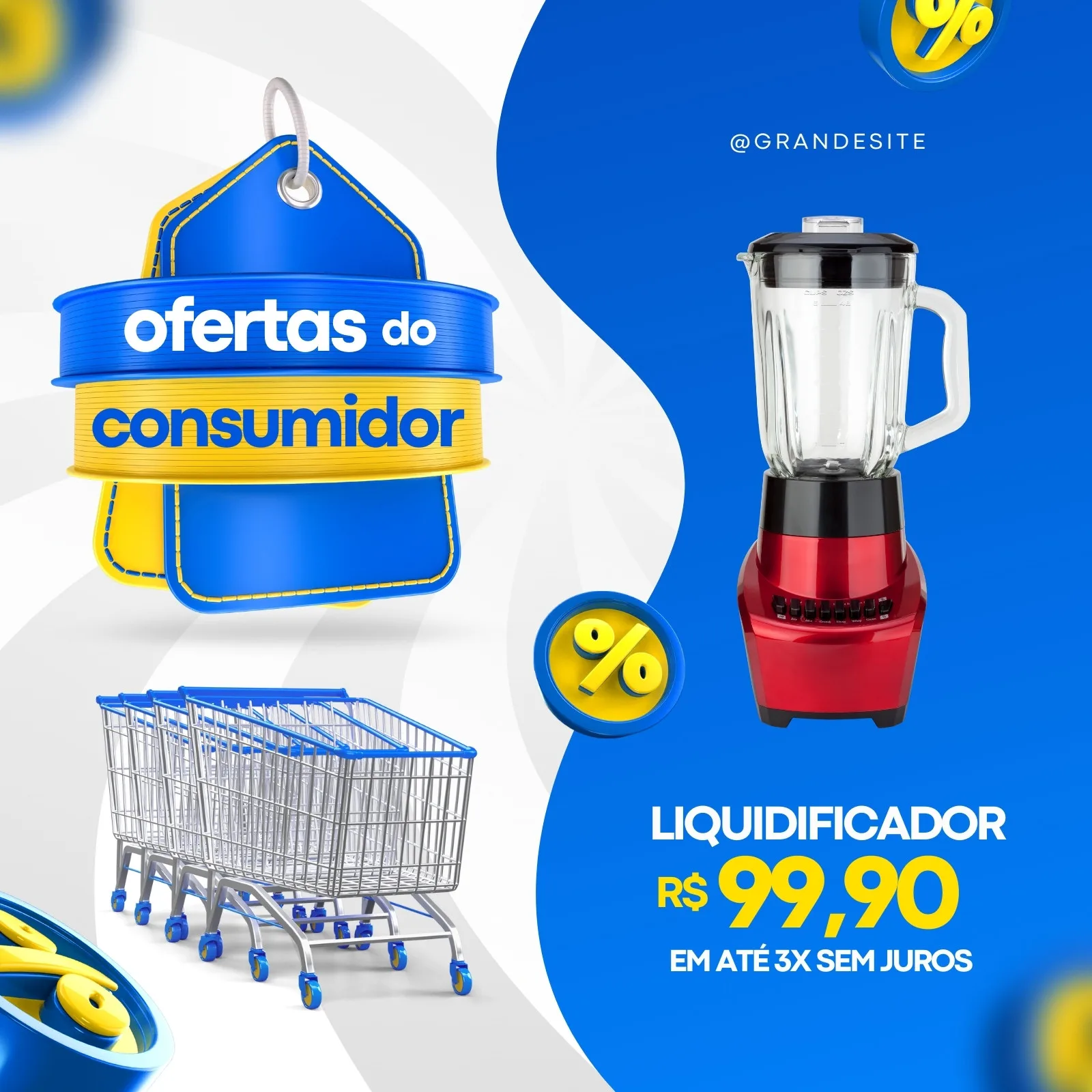 Post de Instagram com fundo azul e branco, apresentando um selo de 'Ofertas do Consumidor' em azul e amarelo. Ao lado, um liquidificador vermelho em promoção e carrinhos de supermercado, com texto indicando preço e parcelamento.