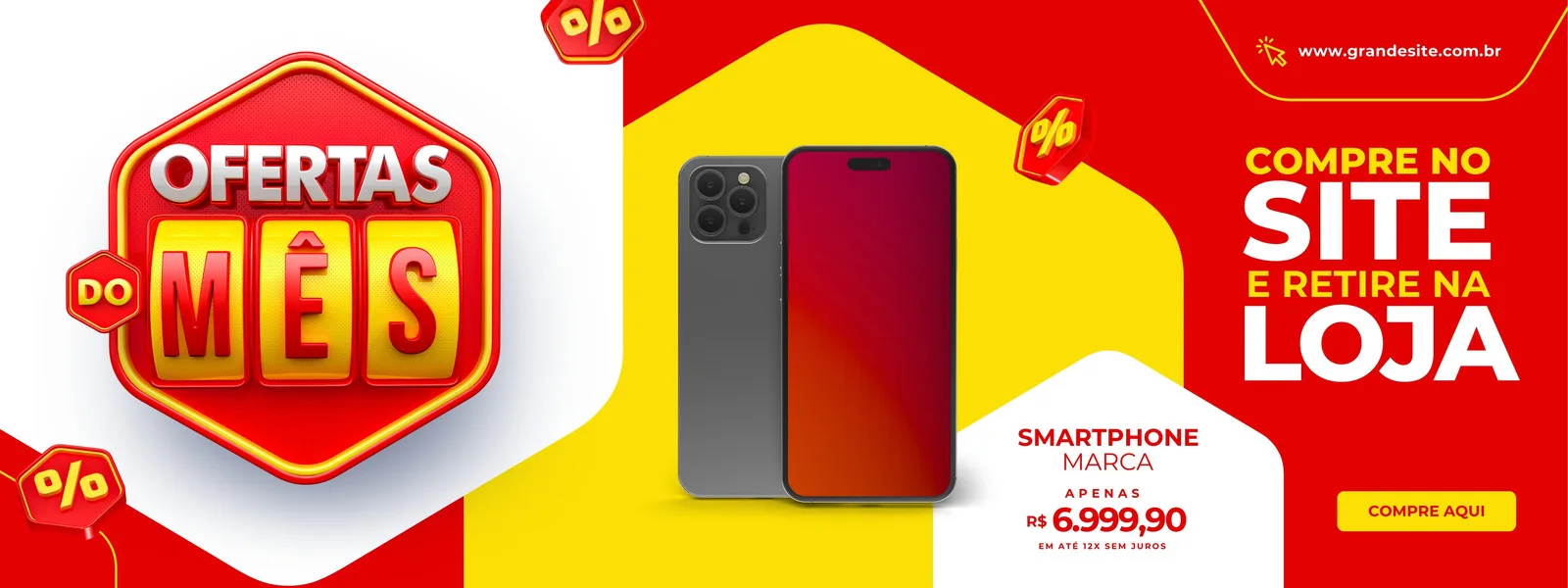 Banner horizontal vermelho e amarelo com o texto 'Ofertas do Mês' em destaque. Ao lado, imagens de smartphones e a chamada 'Compre no site e retire na loja', com um botão 'Compre Aqui'. Ideal para promoções de varejo.