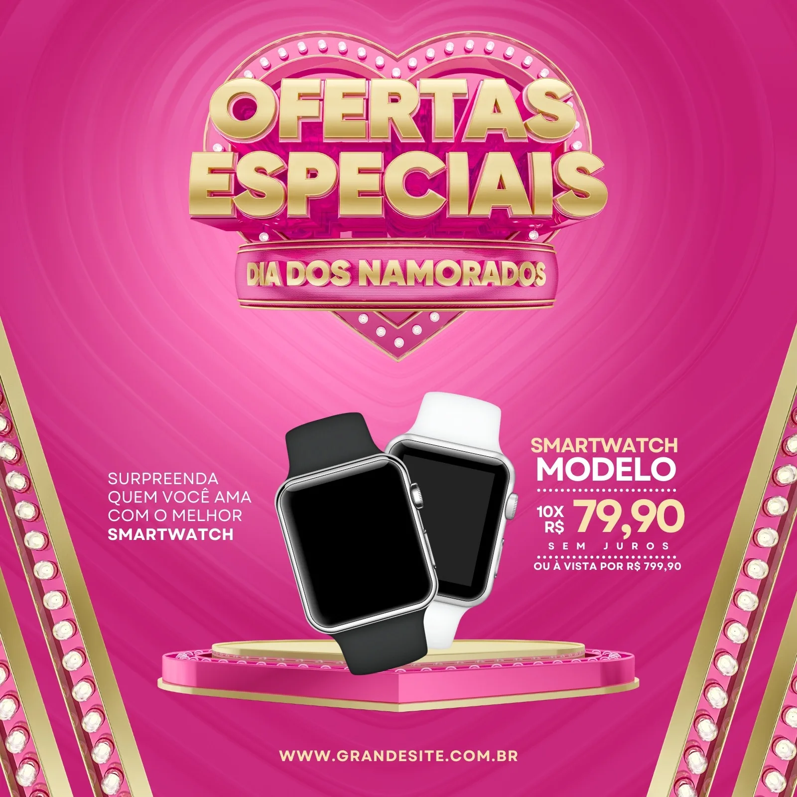 Post para Instagram com tema de Dia dos Namorados, destacando um smartwatch em cores rosa e dourado. O design vibrante em tons de rosa e dourado apresenta a oferta especial e o preço do produto, ideal para lojas de tecnologia.