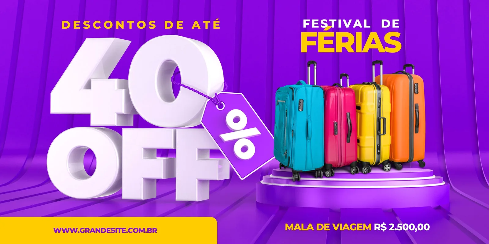 Banner horizontal com fundo roxo vibrante e listras. Em destaque, o número '40' em 3D branco e a palavra 'OFF' abaixo, com uma etiqueta roxa de desconto. Ao lado, quatro malas de viagem coloridas (azul, rosa, amarela e laranja) em um palco roxo. Título 'Festival de Férias' em amarelo.