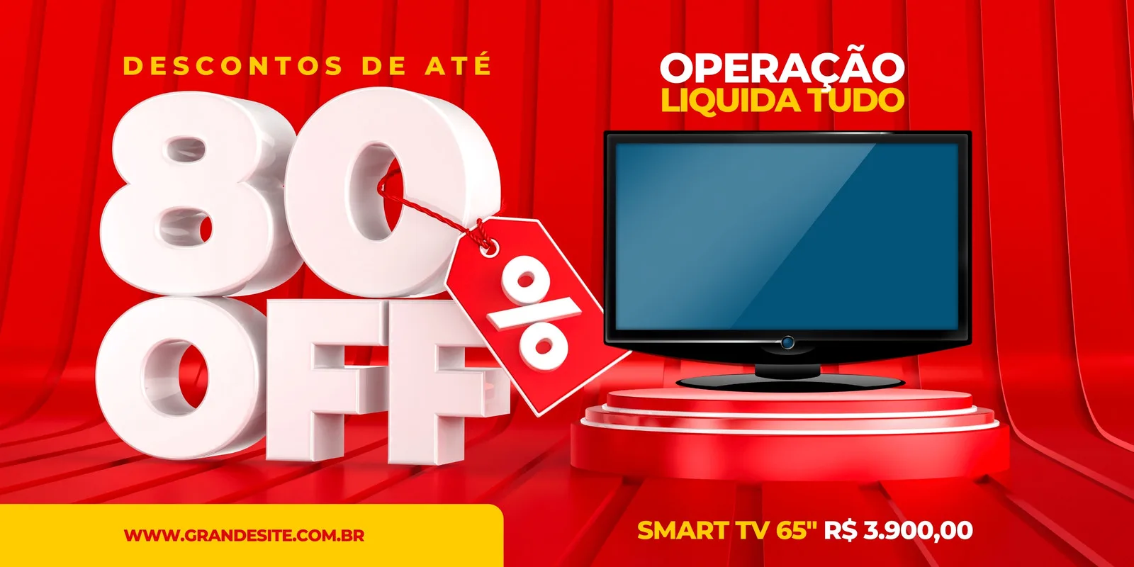 Banner horizontal em paisagem com fundo vermelho vibrante, destacando os números '80 OFF' em 3D branco. Uma etiqueta vermelha com símbolo de porcentagem pende do número. Ao lado, uma TV moderna em um pedestal, com a chamada 'OPERAÇÃO LIQUIDA TUDO'.