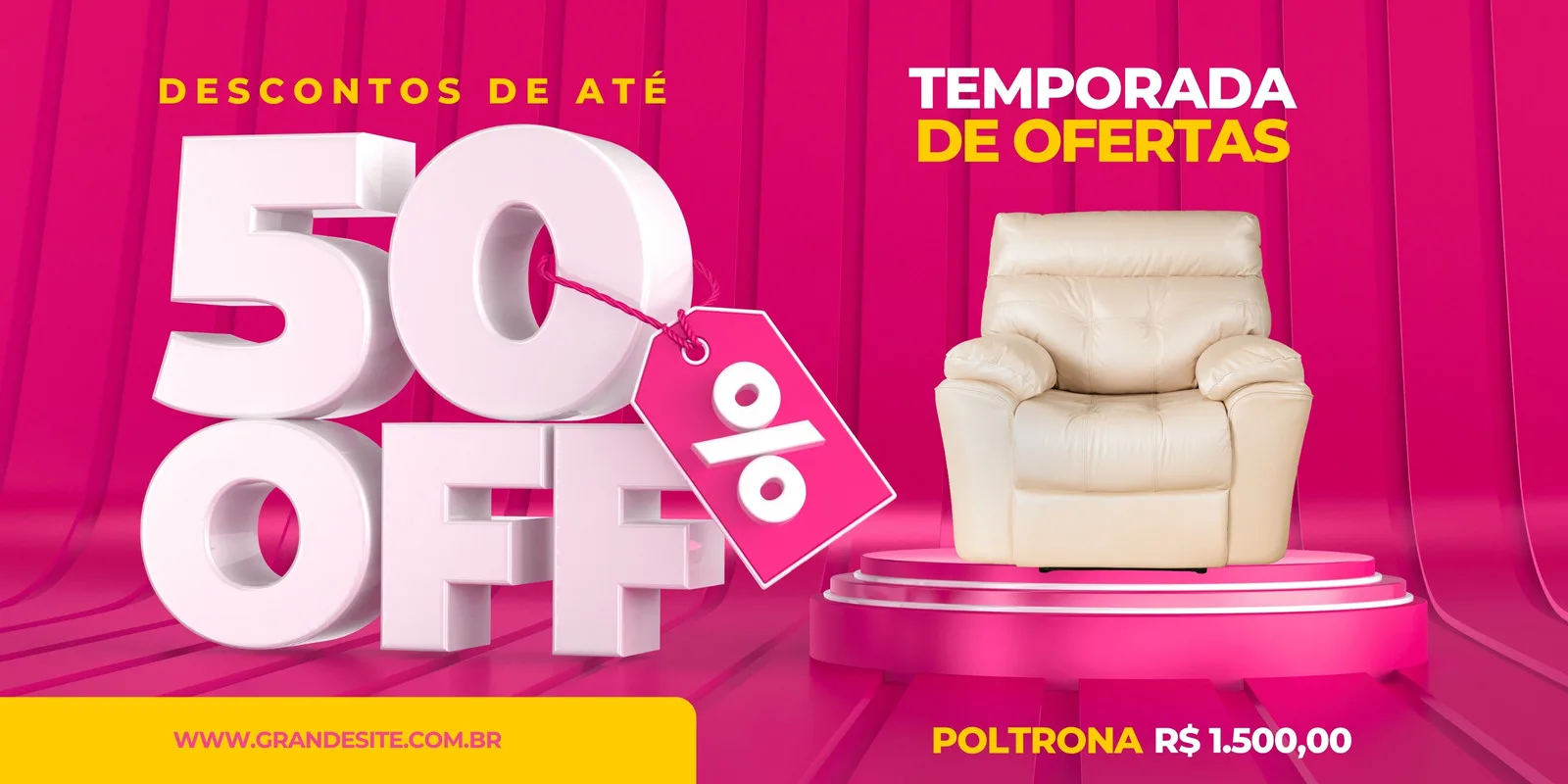 Banner horizontal com fundo rosa vibrante, destacando a oferta '50% OFF' em letras brancas 3D. Uma poltrona bege clara está em destaque sobre um pedestal, com a legenda 'Temporada de Ofertas'.