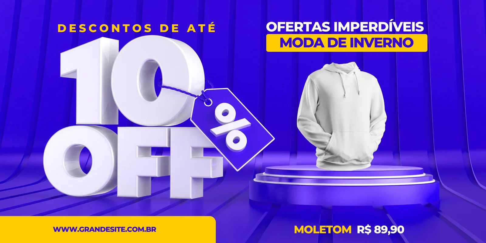 Banner horizontal azul com a frase 'Ofertas Imperdíveis Moda de Inverno' em destaque. Um moletom branco é exibido em um pedestal, com um grande '10% OFF' em 3D ao lado. Fundo com cortinas azuis e detalhes em roxo.