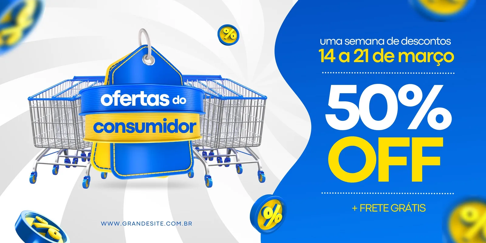 Banner horizontal azul e amarelo com tema de ofertas para o Dia do Consumidor. Apresenta carrinhos de compra, etiquetas de preço com a frase 'Ofertas do Consumidor' e destaque para '50% OFF' e 'Frete Grátis'.