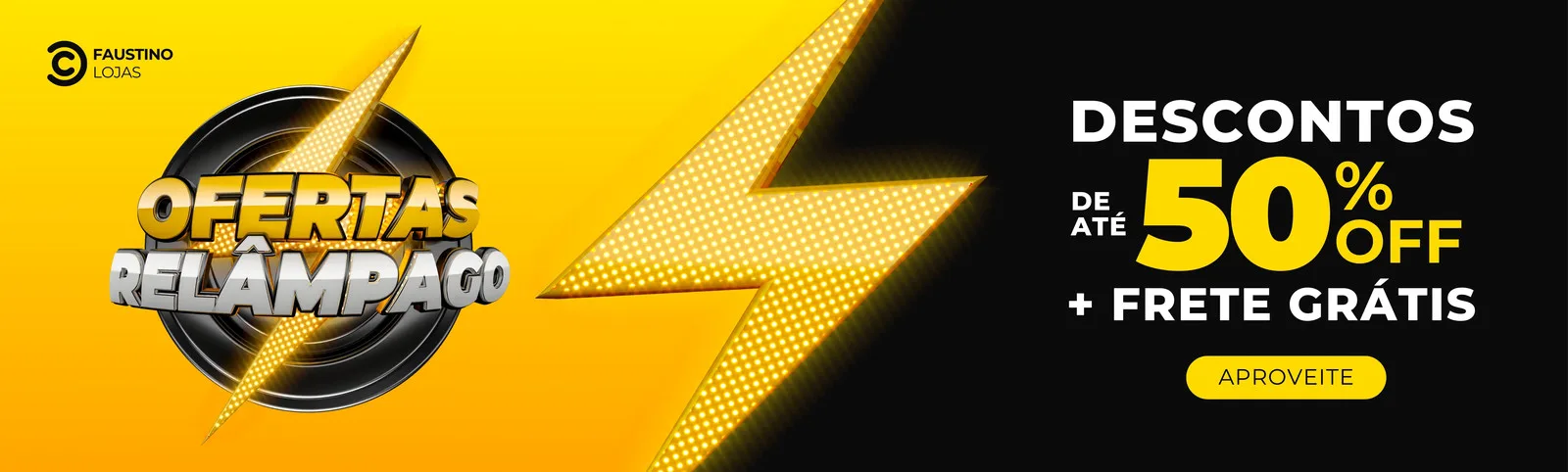 Banner horizontal preto e amarelo com raios e o texto 'Ofertas Relâmpago' em destaque. Ao lado, 'Descontos de até 50% OFF + Frete Grátis' e um botão 'Aproveite', ideal para promoções de comércio eletrônico.