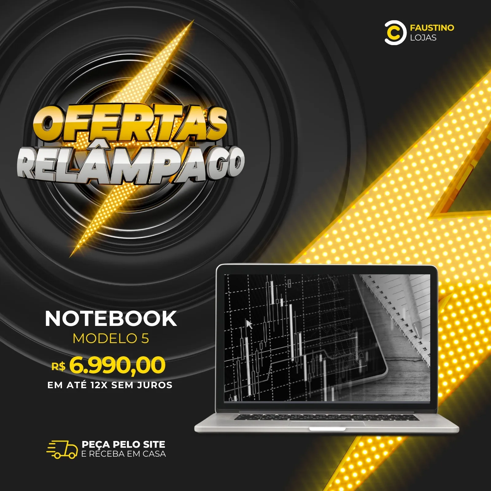 Template de post para Instagram com fundo preto e detalhes em amarelo vibrante, destacando um notebook com gráfico na tela. Título 'Ofertas Relâmpago' em 3D, com preço e condições de pagamento. Foco em tecnologia e promoções.