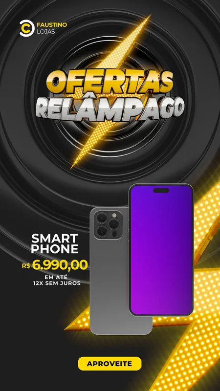 Template de Story para Instagram com o título 'Ofertas Relâmpago Smartphone'. Apresenta um smartphone moderno em destaque, com preço e condições de pagamento. O design é escuro com detalhes em amarelo e branco, evocando urgência e tecnologia.