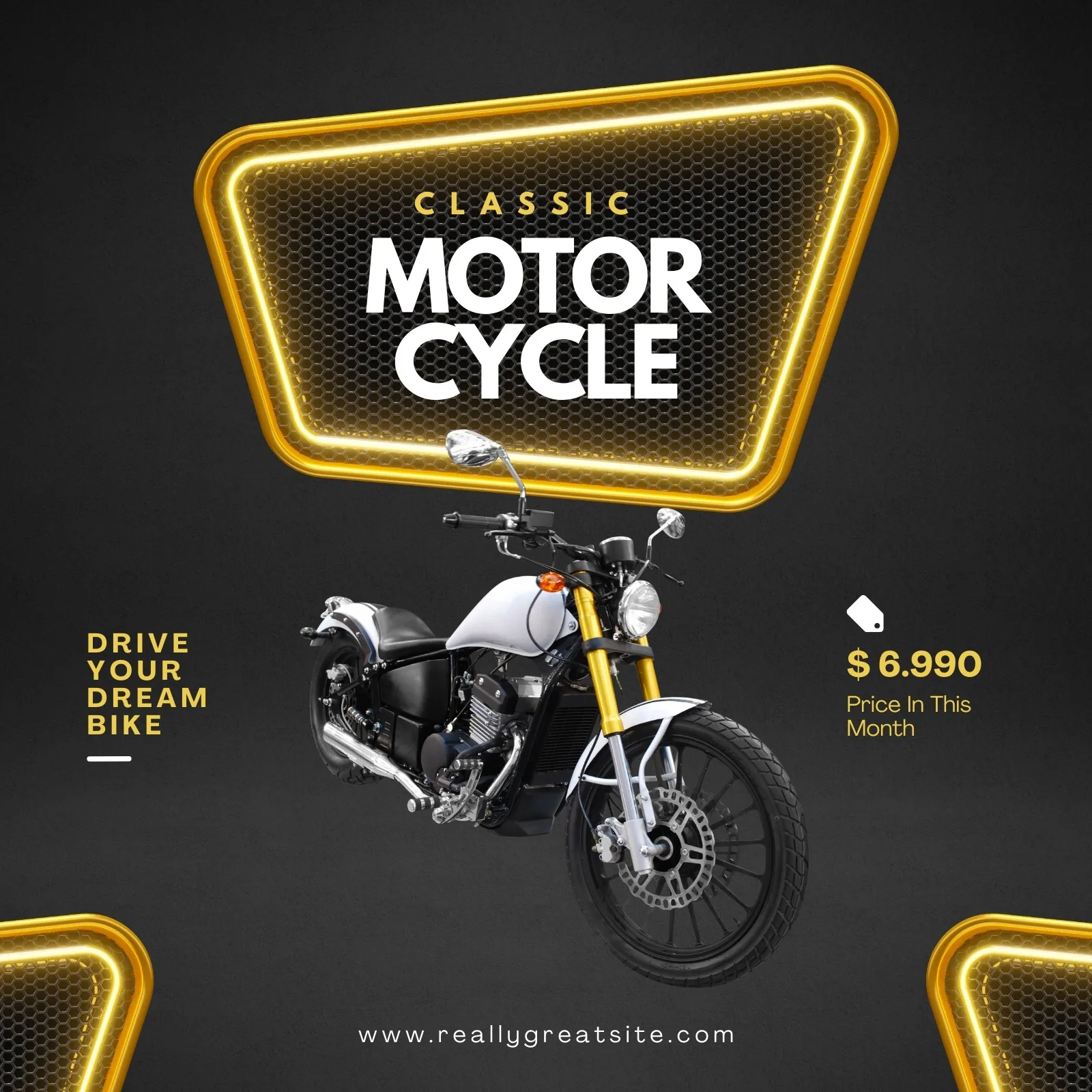 Post para redes sociais com fundo preto e detalhes em dourado neon. Uma moto clássica branca e preta está em destaque, com o texto "Classic Motor Cycle" em letras brancas e um selo de preço abaixo. Promove uma oferta especial.