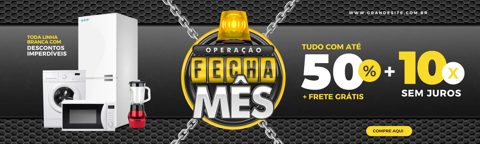 Banner horizontal de liquidação com eletrodomésticos brancos como geladeira, máquina de lavar e micro-ondas. Destaque para a oferta 'Operação Fecha Mês' com 50% de desconto e frete grátis, em tons de preto, amarelo e branco.