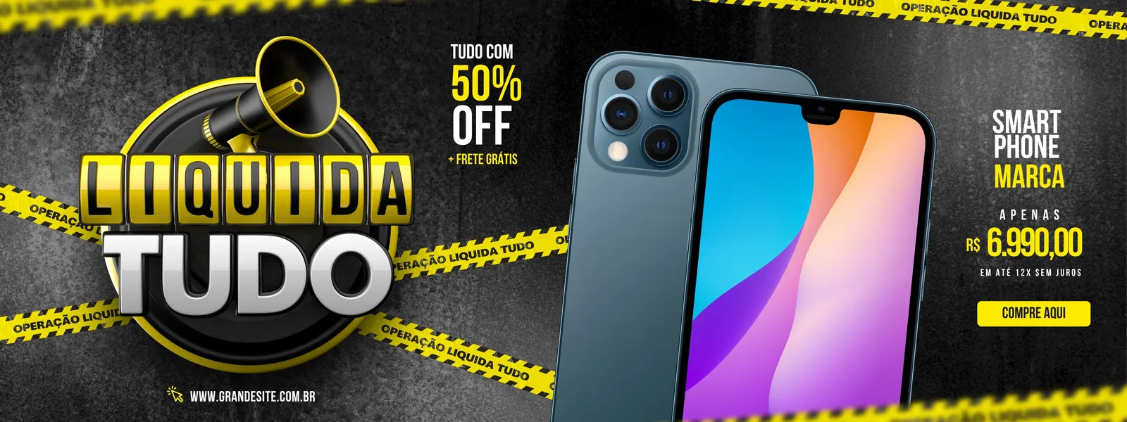 Banner horizontal para web com fundo texturizado em cinza escuro e detalhes de fita amarela de 'Operação Liquida Tudo'. Ao centro, um megafone e o texto 'Liquida Tudo' em destaque. À direita, dois smartphones modernos exibem ofertas de 50% OFF, frete grátis e preço promocional.