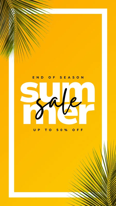 Template de Story para Instagram com fundo amarelo vibrante e folhas de palmeira nas bordas. Texto central branco anuncia 'End of Season Summer Sale Up To 50% Off', destacando a promoção de verão.