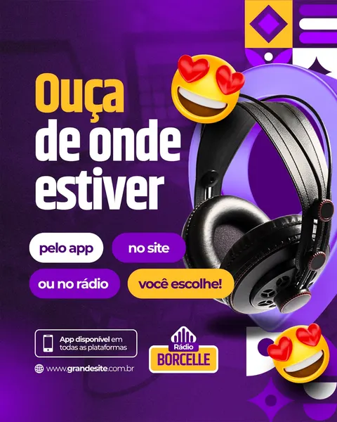 Post para Instagram com fundo roxo e detalhes amarelos, exibindo fones de ouvido pretos e emojis com corações. O design moderno destaca a mensagem 'Ouça de onde estiver' e opções de acesso: 'pelo app', 'no site' e 'ou no rádio'. Ideal para rádios, podcasts e plataformas de áudio divulgarem suas formas de escuta.