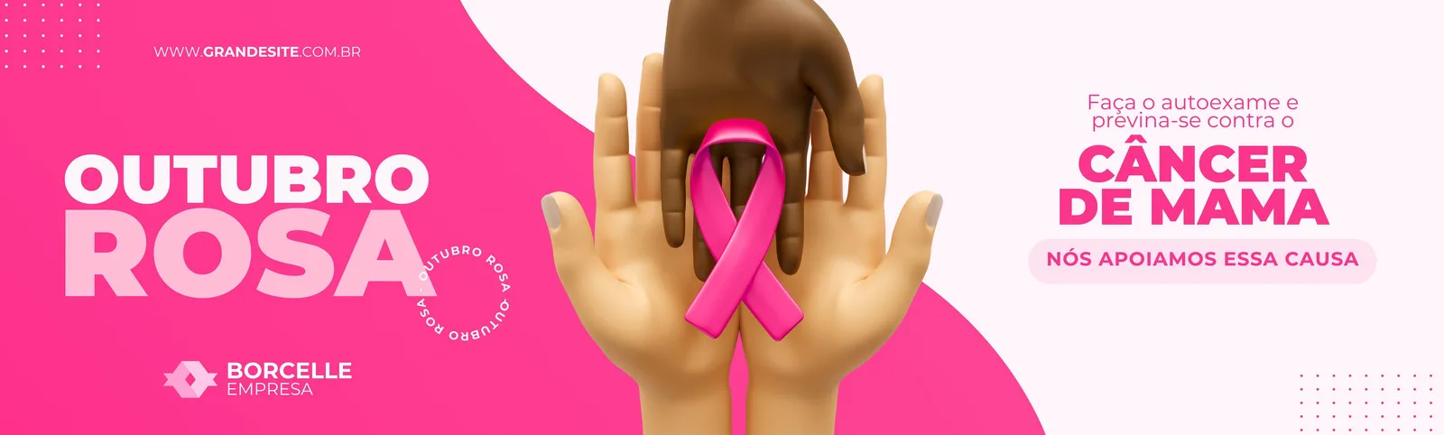 Banner horizontal com fundo rosa e branco, destacando a frase 'Outubro Rosa' e um laço rosa simbolizando a luta contra o câncer de mama. Duas mãos se unem para segurar o laço, com a mensagem 'Faça o autoexame e previna-se contra o Câncer de Mama'.
