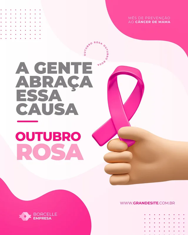 Post para redes sociais com fundo branco e rosa, destacando a frase 'A gente abraça essa causa' e o símbolo do Outubro Rosa, uma fita de conscientização segurada por uma mão estilizada. Promove a prevenção do câncer de mama.