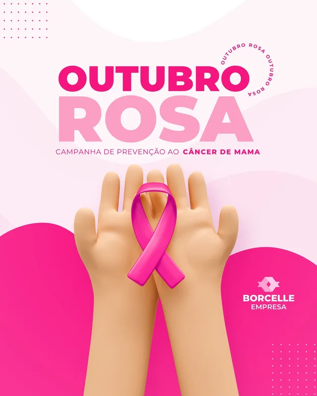 Template de post para Instagram com o tema Outubro Rosa. Duas mãos abertas seguram um laço rosa, símbolo da prevenção ao câncer de mama, sobre um fundo rosa e branco com elementos gráficos sutis.