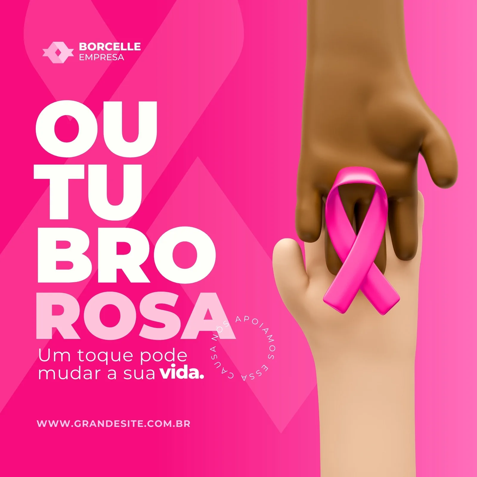Post de feed para Instagram com fundo rosa vibrante e o texto 'Outubro Rosa'. Duas mãos, uma de pele escura e outra clara, se unem segurando um laço rosa, símbolo da campanha de conscientização sobre o câncer de mama.