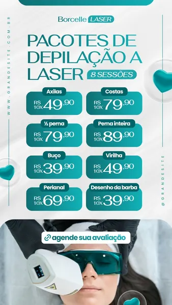 Story de Instagram com fundo azul e branco, apresentando pacotes de depilação a laser para axilas, costas, meia perna, perna inteira, buço, virilha, perianal e desenho da barba. Inclui preços e a chamada para agendar avaliação.