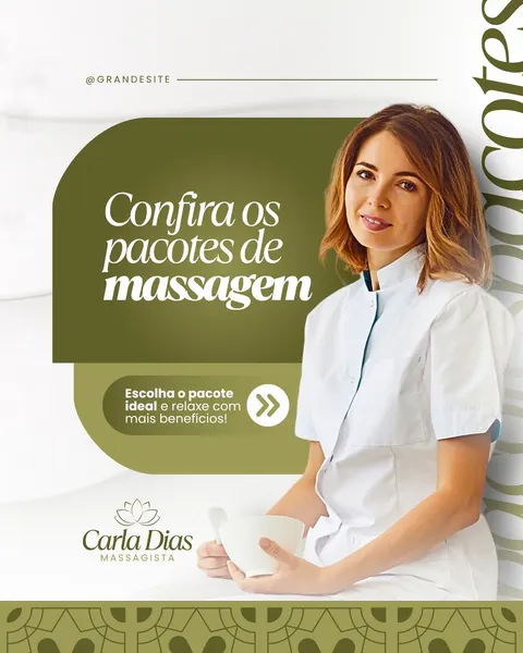 Post para Instagram sobre pacotes de massagem. Apresenta uma massagista sorridente em uniforme branco, segurando uma tigela, ao lado de um grande painel verde-oliva com a chamada 'Confira os pacotes de massagem'. O design é limpo, com detalhes em branco e verde, transmitindo profissionalismo e bem-estar, ideal para divulgar serviços de relaxamento.