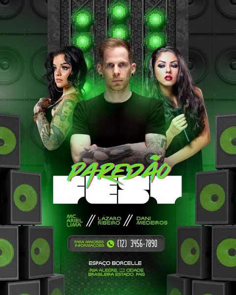 Template de post para Instagram com fundo preto e verde vibrante, apresentando um homem e duas mulheres em destaque, cercados por caixas de som e luzes verdes. O título "Paredão Fest" em letras brancas e verdes neon domina o centro, com informações de DJs e local.