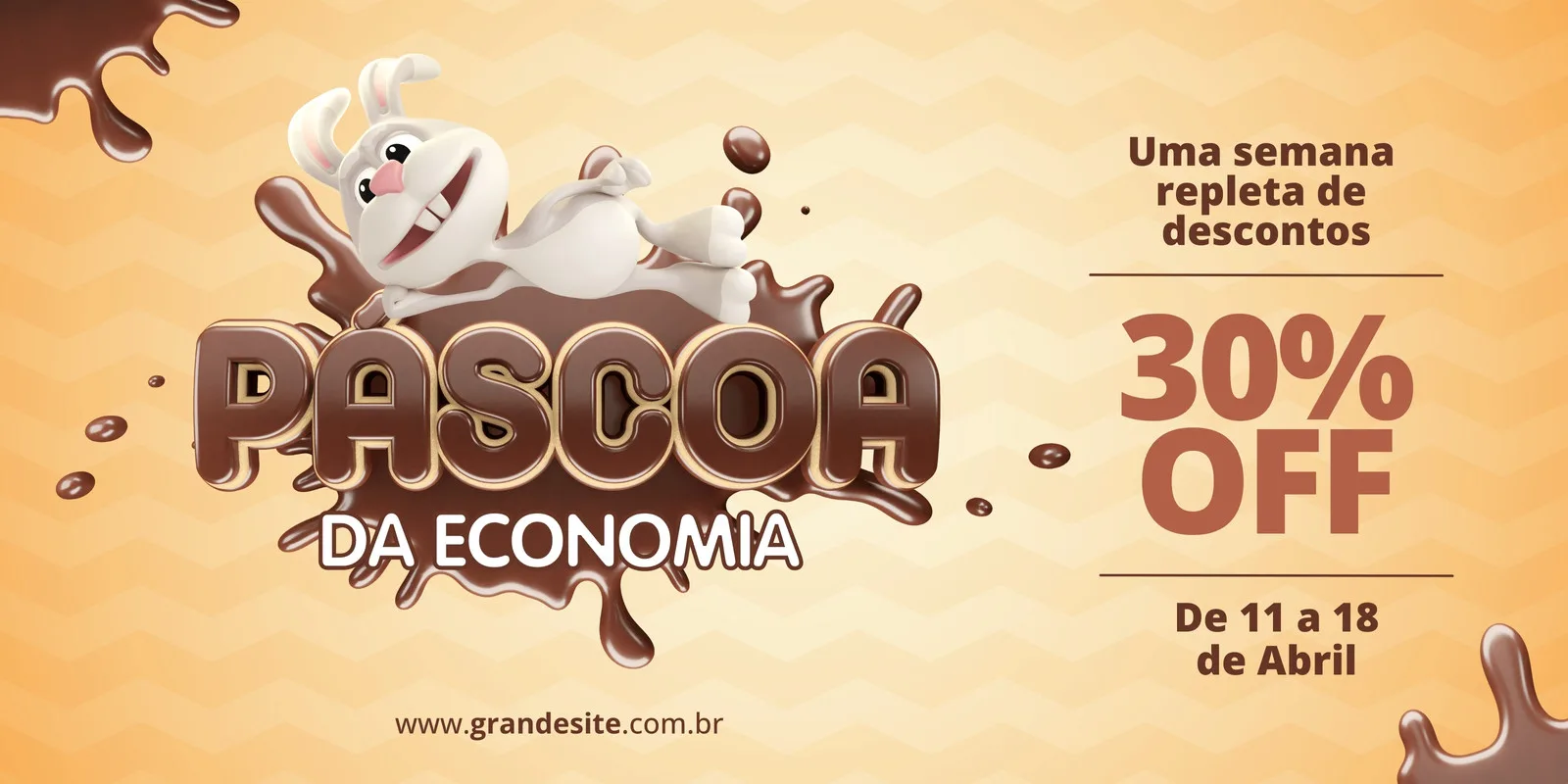 Banner horizontal com tema de Páscoa, apresentando um coelho animado mergulhado em chocolate líquido. O texto principal 'Páscoa da Economia' e '30% OFF' se destaca, com informações de data e um site.