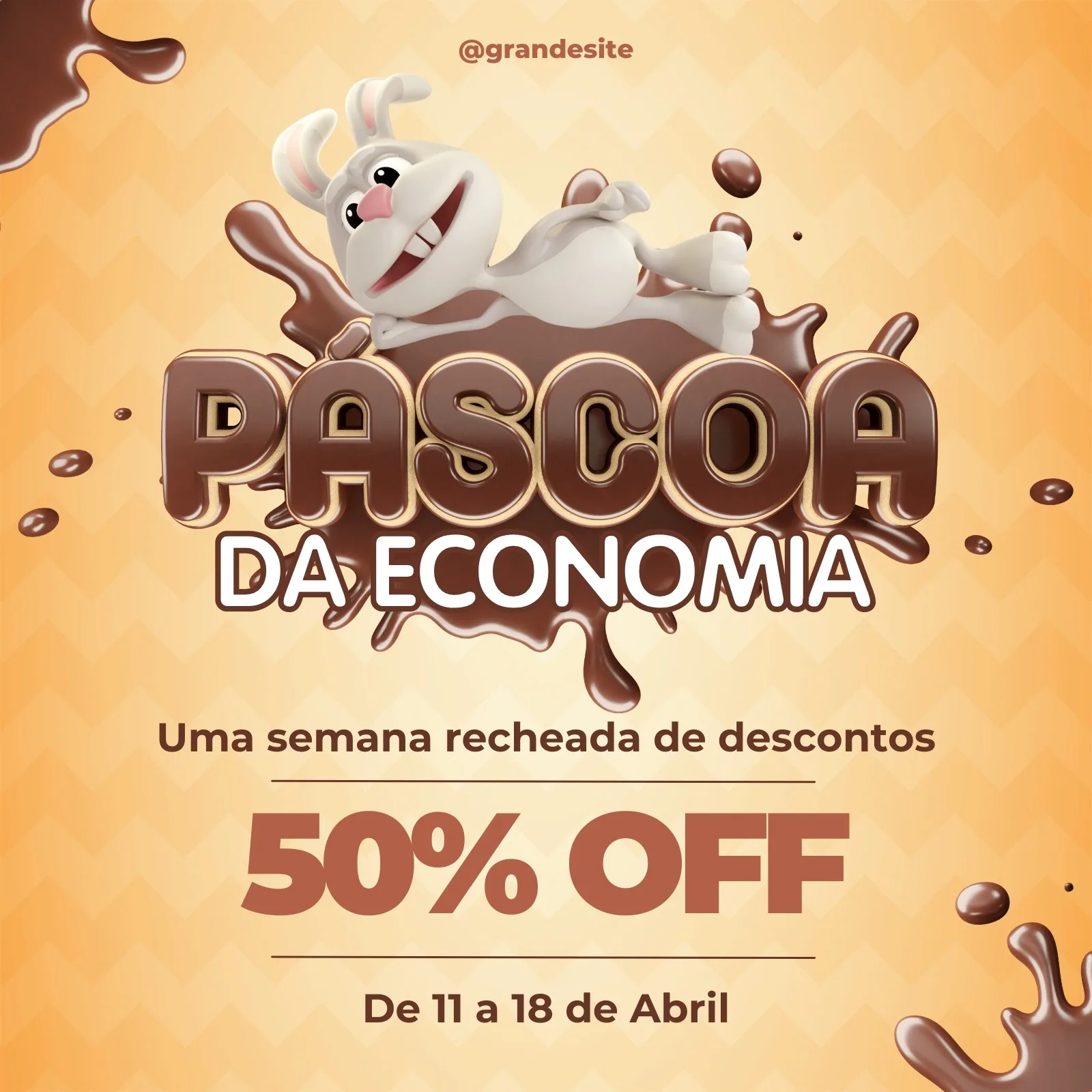 Template de post para Instagram e Facebook com tema de Páscoa. Um coelho animado mergulha em uma fonte de chocolate líquido, sobre o título "Páscoa da Economia". Destaque para "50% OFF" e datas de promoção em tons de bege e marrom.