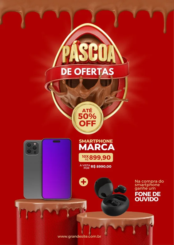 Template de post para redes sociais com tema de Páscoa, em tons de vermelho e dourado. Destaca uma oferta de smartphone com 50% de desconto e fone de ouvido de brinde, com elementos de chocolate derretido.