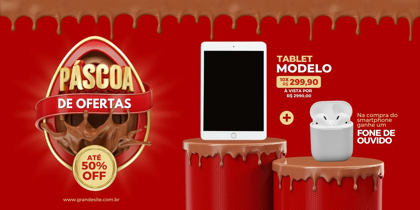 Banner horizontal vermelho e marrom para promoção de Páscoa em eletrônicos. Apresenta um tablet e fones de ouvido sem fio, com texto 'Páscoa de Ofertas' e 'Até 50% OFF'. Design com gotas de chocolate.