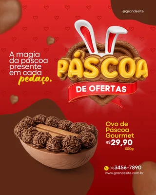 Template de post para Instagram com tema de Páscoa, apresentando um ovo de chocolate gourmet recheado e decorado. O título 'Páscoa de Ofertas' em destaque, com elementos vermelhos e marrons, e um coelho estilizado. Inclui preço e informações de contato.
