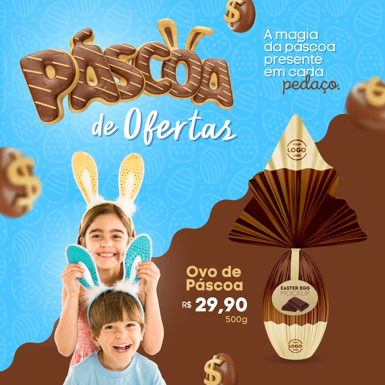 Template de post para Instagram com tema de Páscoa. Duas crianças sorridentes usam orelhas de coelho. O texto 'Páscoa de Ofertas' em fonte de chocolate e um ovo de Páscoa decorado com o logo da sua marca são os destaques. Fundo azul com ovos estilizados.