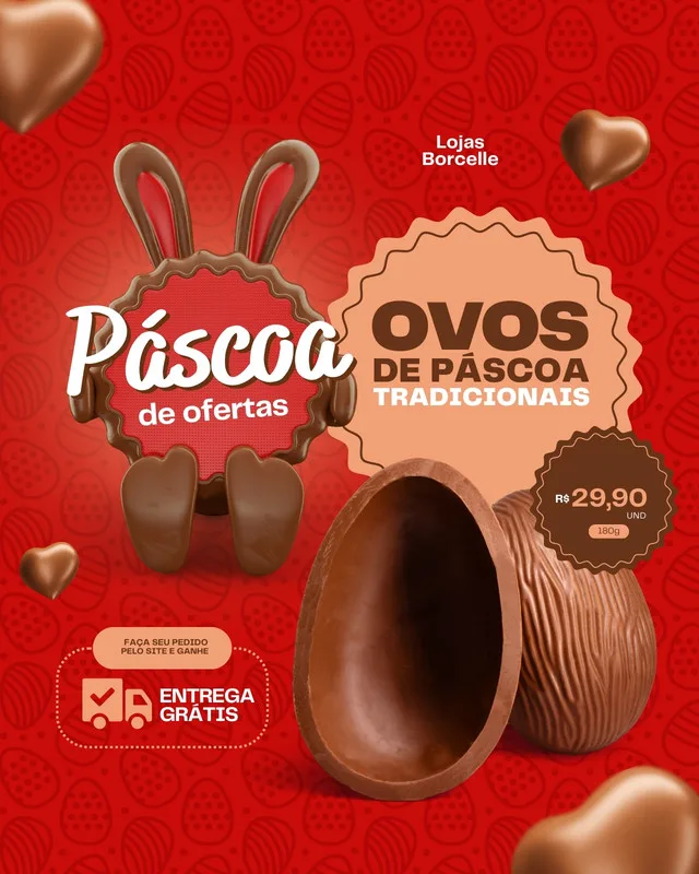 Template de post para Instagram com tema de Páscoa, apresentando ovos de chocolate e a frase "Páscoa de ofertas". Fundo vermelho com estampa de ovos, elementos em tons de marrom e laranja, e destaque para "Ovos de Páscoa Tradicionais" e "Entrega Grátis".