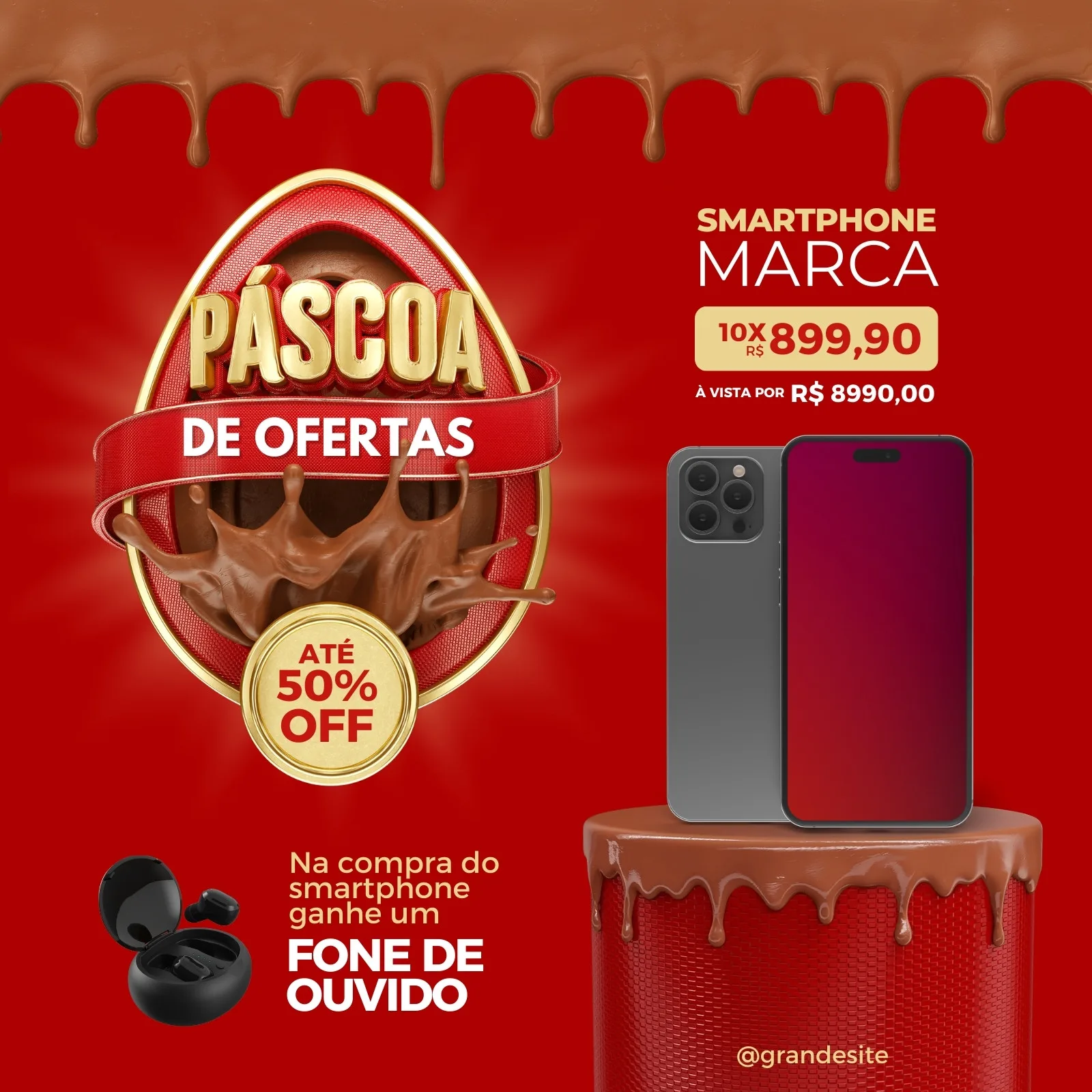 Template de post para Instagram e Facebook com tema de Páscoa. Fundo vermelho vibrante com elementos de chocolate derretido no topo. Um ovo de Páscoa estilizado com a frase 'Páscoa de Ofertas' e 'Até 50% OFF' em destaque. Ao lado, um smartphone moderno e um fone de ouvido sem fio, promovendo uma oferta especial.